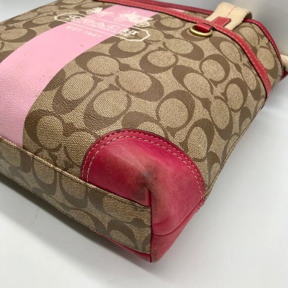 Coach Brown Monogram Canvas Pink Heritage Stripe Tote Bag 11349 - Picture 6 of 11